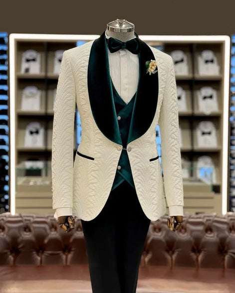 White tuxedo jacket with green vest and black pants men tuxedo