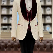 White textured blazer with burgundy velvet lapels