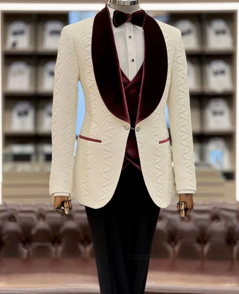 White textured blazer with burgundy velvet lapels