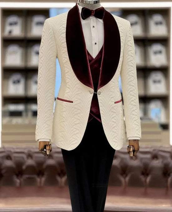 White textured blazer with burgundy velvet lapels