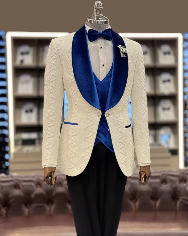 White cable-knit blazer with blue velvet Vest and Black Pants