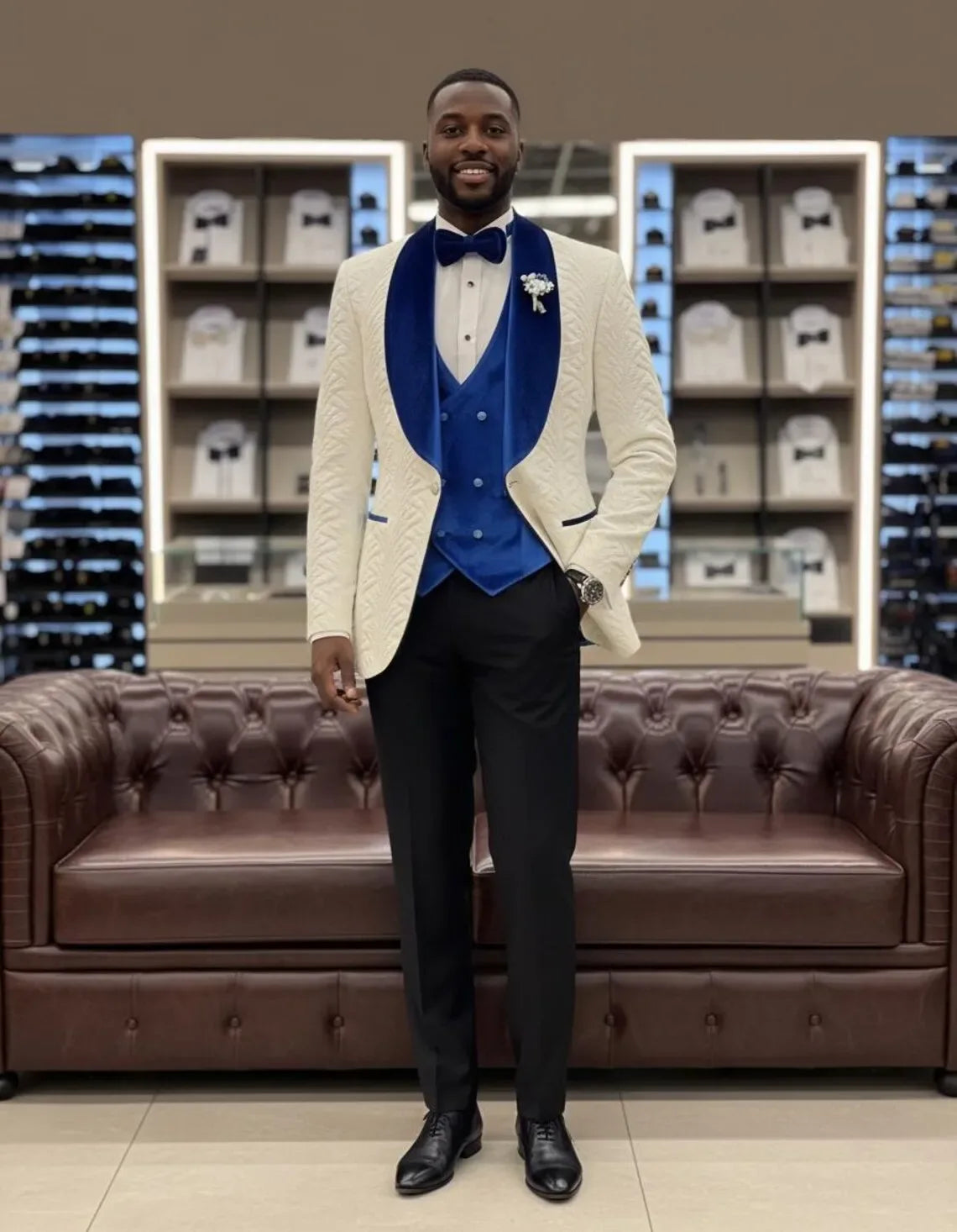 Men's Royal Blue Velvet Shawl Tuxedo with Ivory Paisley | Designer Tuxedos 44 Long / Royal Blue and White Lapel Men's Royal Blue Velvet Shawl Tuxedo with Ivory Paisley | Designer Tuxedos 44 Long / Royal Blue and White Lapel