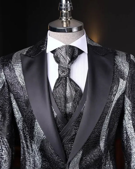 black and silver formal dress men's Manzini Mens Elegant Black/Silver Pattern Stone Trim Fitted Prom Blazer MZS-601 5XL Black/Silver