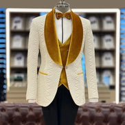 White textured blazer with mustard yellow velvet lapels and vest