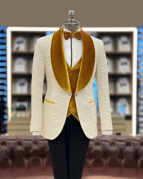 White textured blazer with mustard yellow velvet lapels and vest