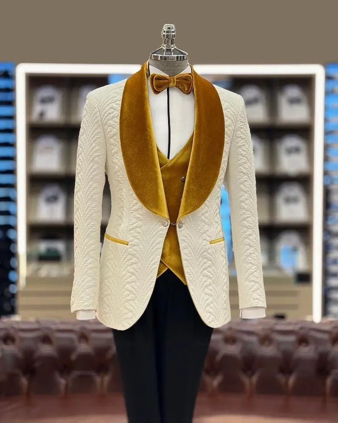 White textured blazer with mustard yellow velvet lapels and vest