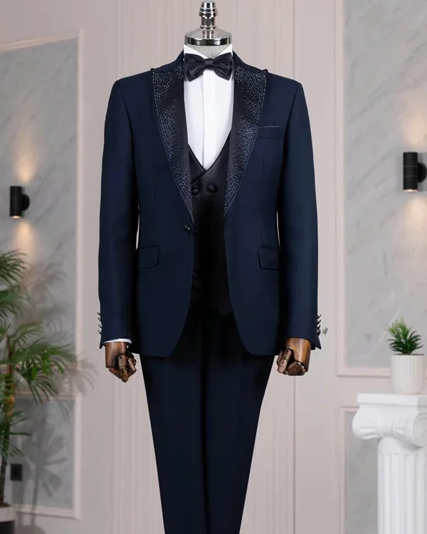 Beaded Lapel Navy Blue Tuxedo