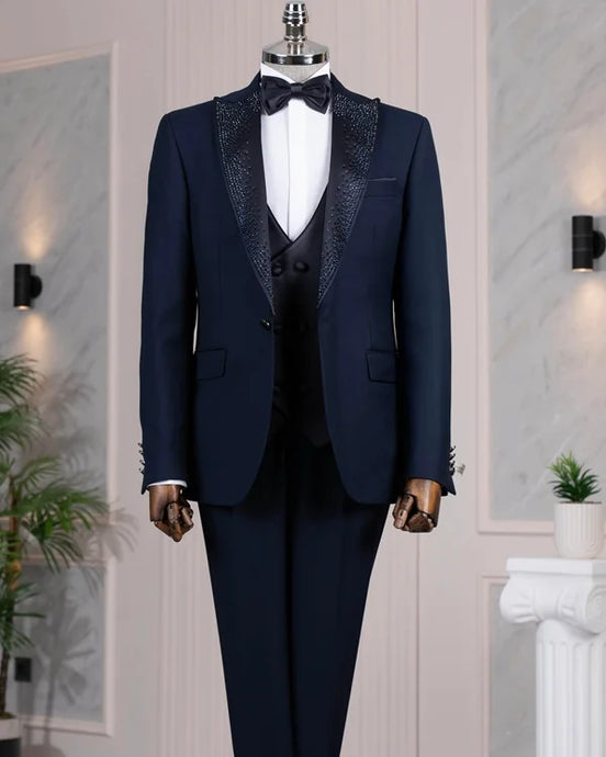 Beaded Lapel Navy Blue Tuxedo