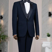Beaded Lapel Navy Blue Tuxedo