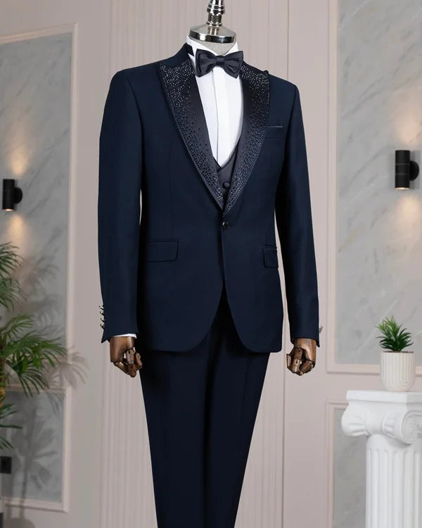 Beaded Lapel Navy Blue Tuxedo