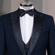 Beaded Lapel Navy Blue Tuxedo