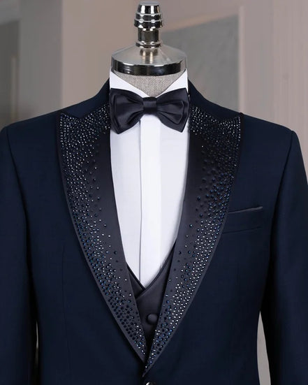 Beaded Lapel Navy Blue Tuxedo