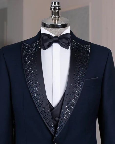 Beaded Lapel Navy Blue Tuxedo