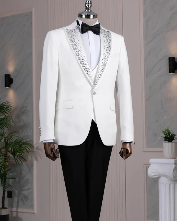 Beaded Lapel White Tuxedo