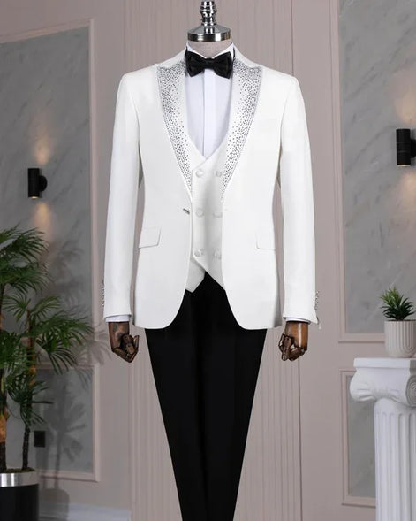 Beaded Lapel White Tuxedo