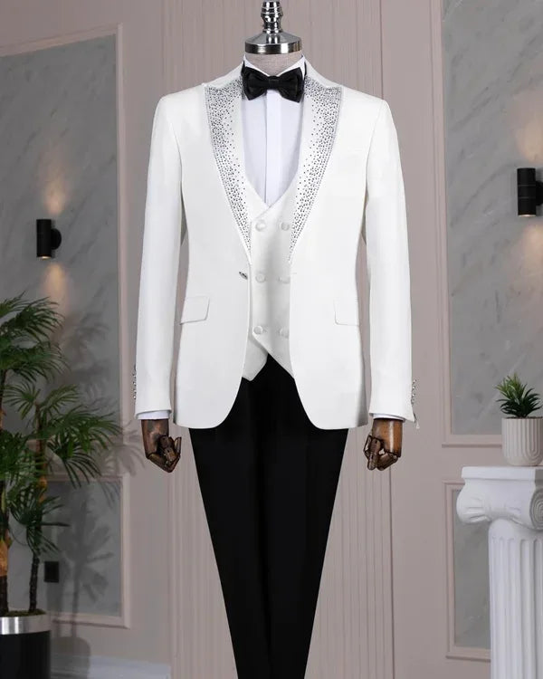 Beaded Lapel White Tuxedo