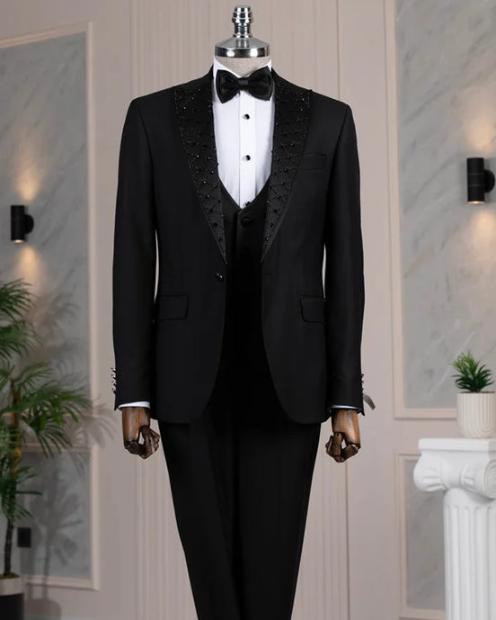 Embroidered Lapel Black Tuxedo