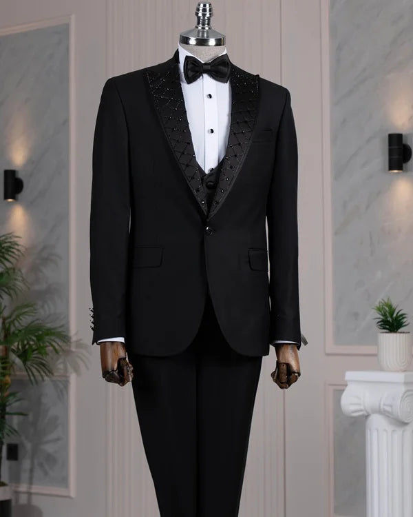 Embroidered Lapel Black Tuxedo