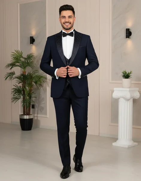 Embroidered Lapel Navy Blue Tuxedo