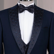 Embroidered Lapel Navy Blue Tuxedo
