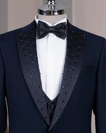 Embroidered Lapel Navy Blue Tuxedo