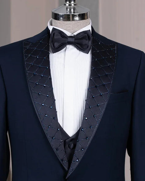 Embroidered Lapel Navy Blue Tuxedo