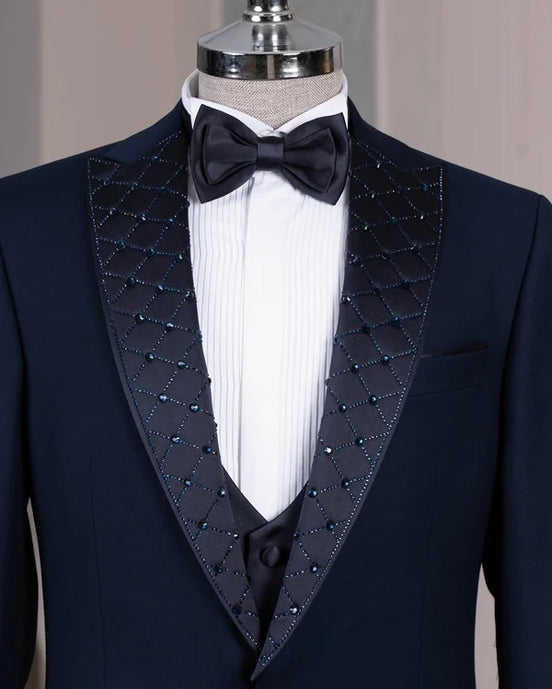 Embroidered Lapel Navy Blue Tuxedo