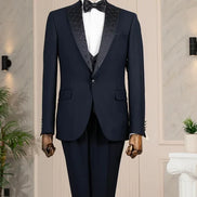 Embroidered Lapel Navy Blue Tuxedo