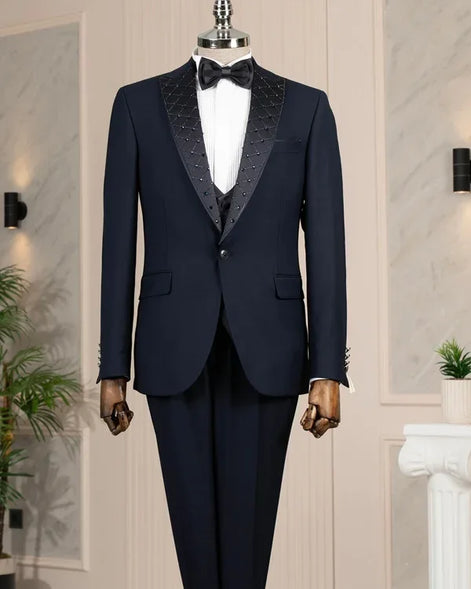 Embroidered Lapel Navy Blue Tuxedo