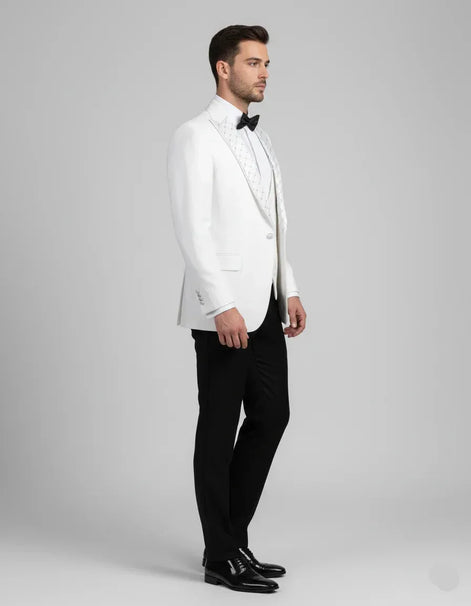 Embroidered Lapel White Tuxedo