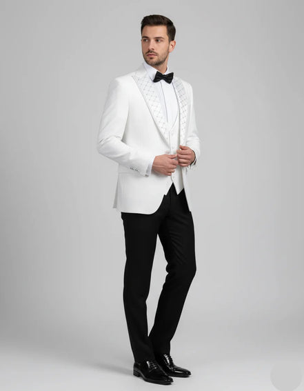 Embroidered Lapel White Tuxedo