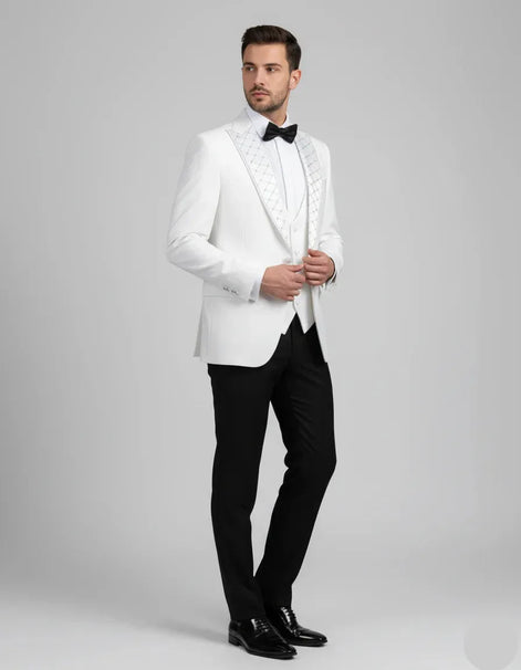 Embroidered Lapel White Tuxedo
