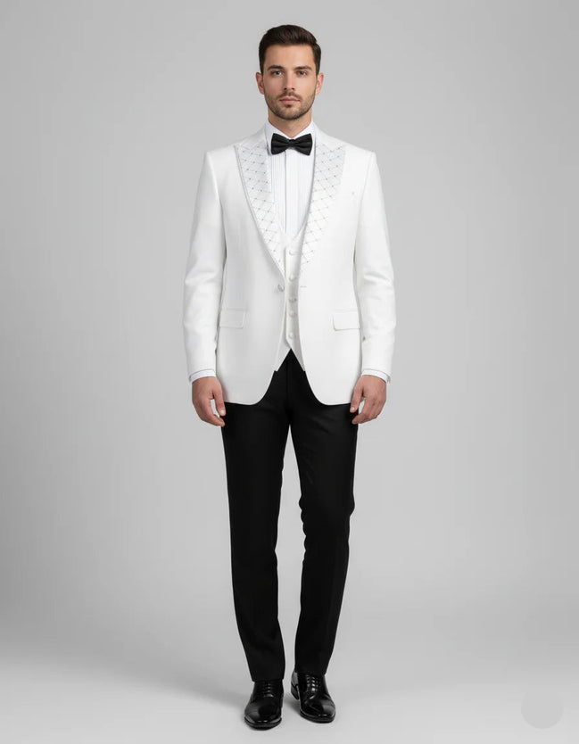 Embroidered Lapel White Tuxedo