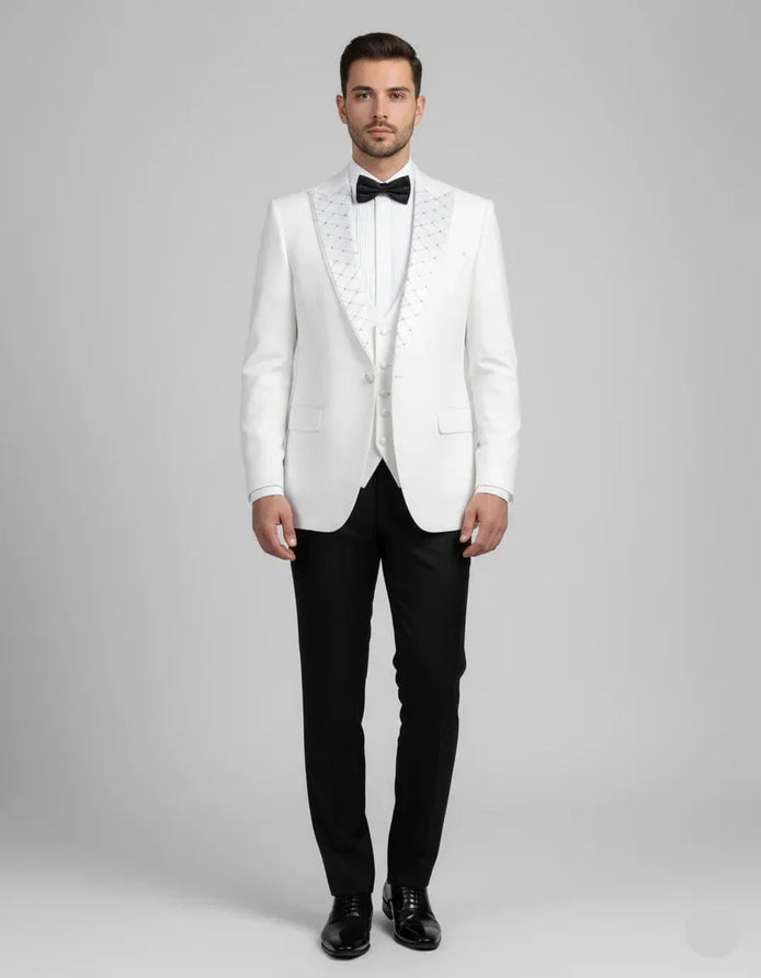 Embroidered Lapel White Tuxedo