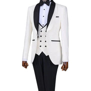 White tuxedo with black lapels and pants