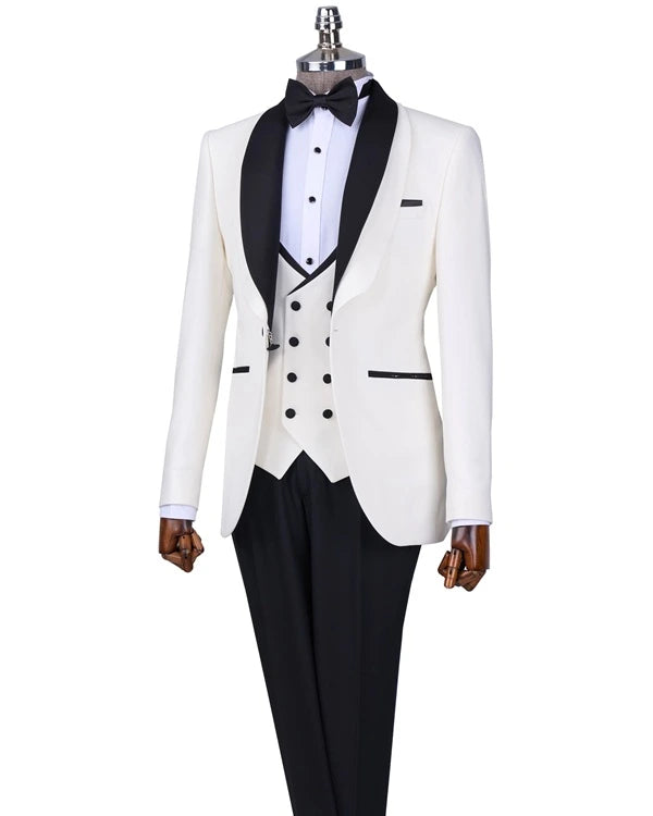 White tuxedo with black lapels and pants