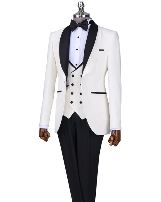 White tuxedo with black lapels and pants