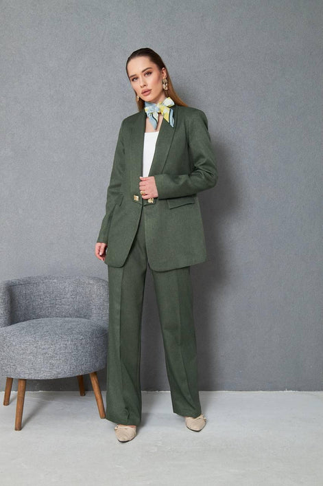 Women Wool Pant Suit Green 46