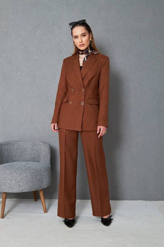 Woman wearing a brown suit