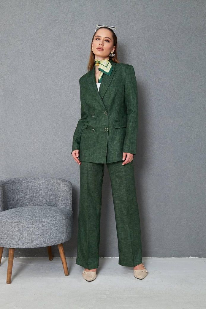 Wool Green Double Breasted Suit Women