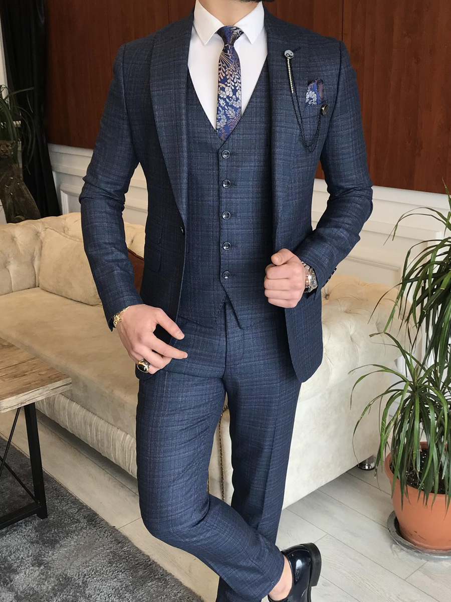 Navy Slim Fit Italian Style Check Suit for Men by GentWith.com