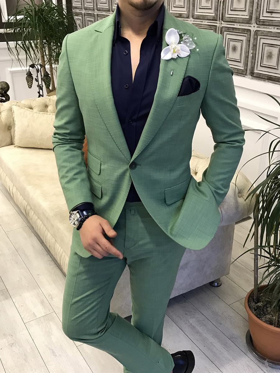 Green Slim Fit 2 Piece Peak Lapel Pinstripe Suit for Men by GentWith.com