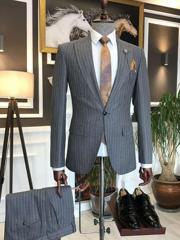 Gray Slim Fit 2 Piece Peak Lapel Pinstripe Suit By