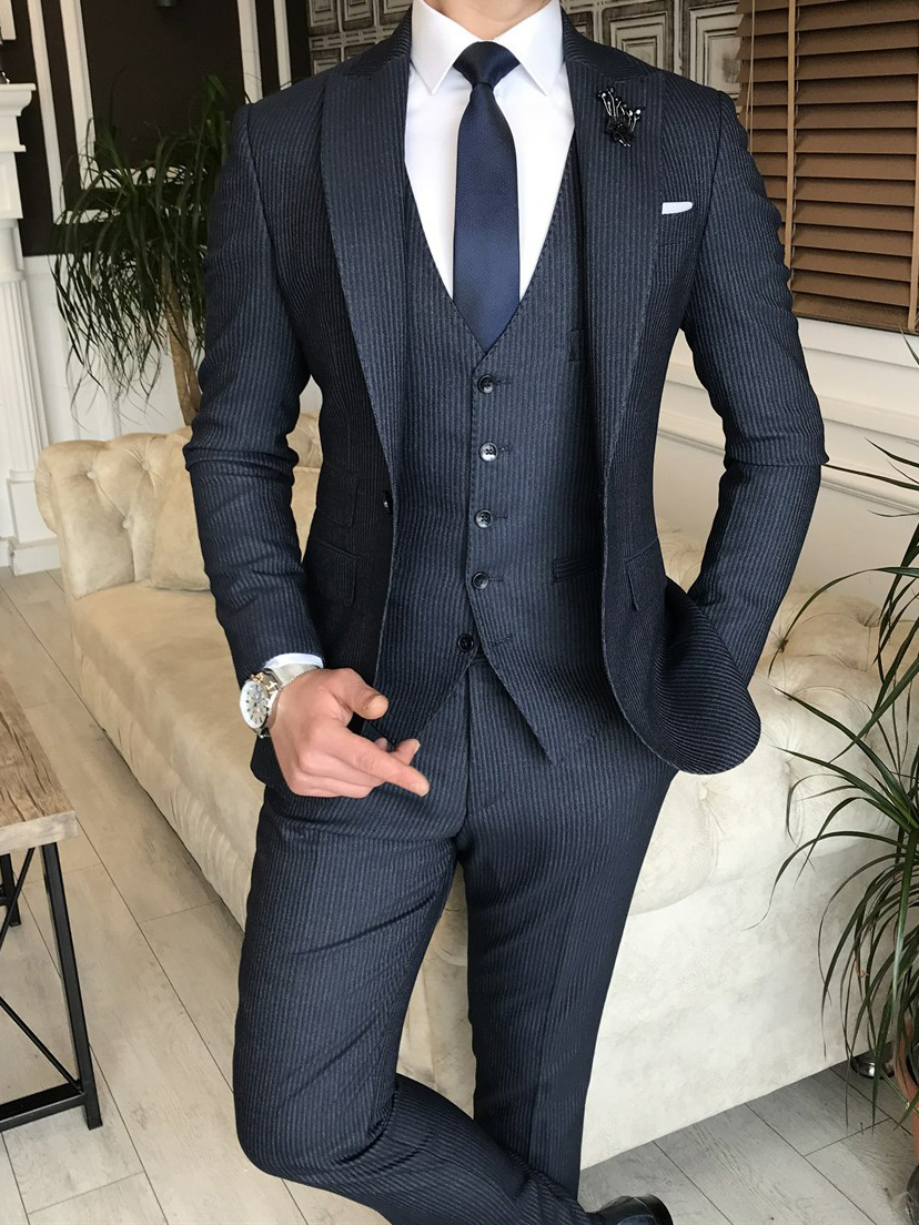 Navy Slim Fit Peak Lapel Pinstripe Suit for Men by GentWith.com