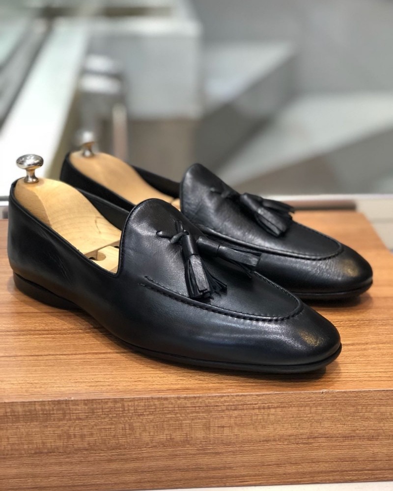 Black Calf Leather Tassel Loafer by Gentwith.com with Free Shipping