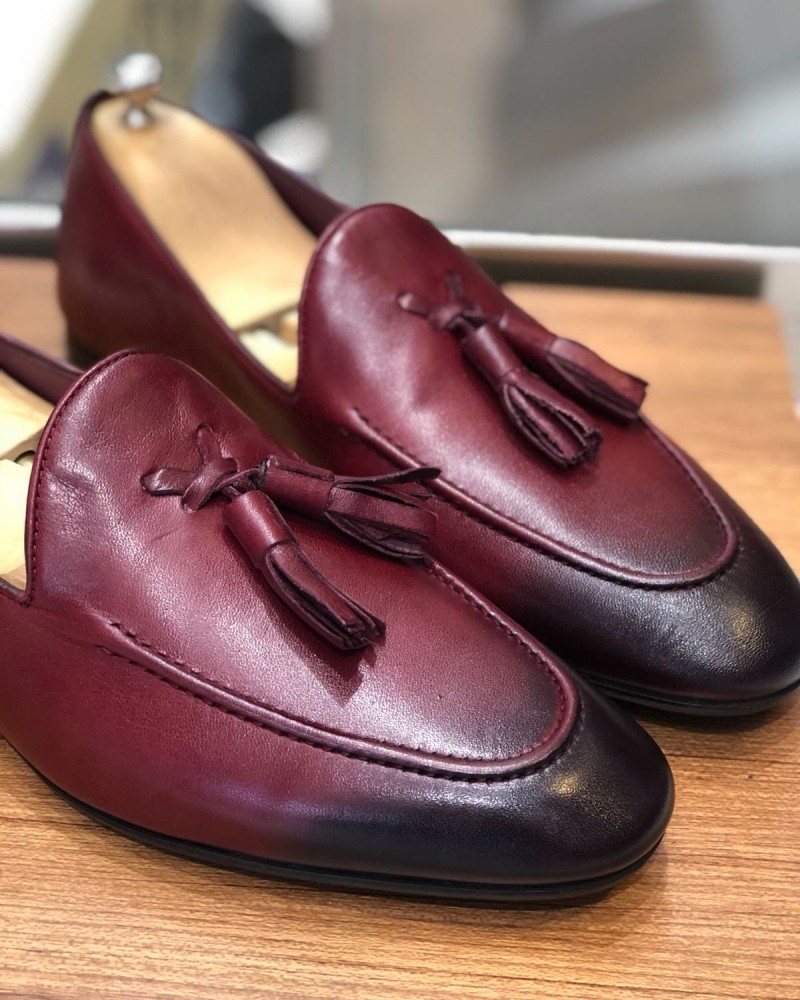 Burgundy Calf Leather Tassel Loafer by Gentwith.com with Free Shipping