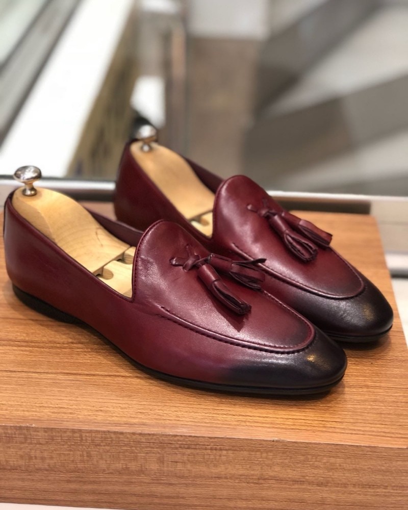 Burgundy Calf Leather Tassel Loafer by Gentwith.com with Free Shipping