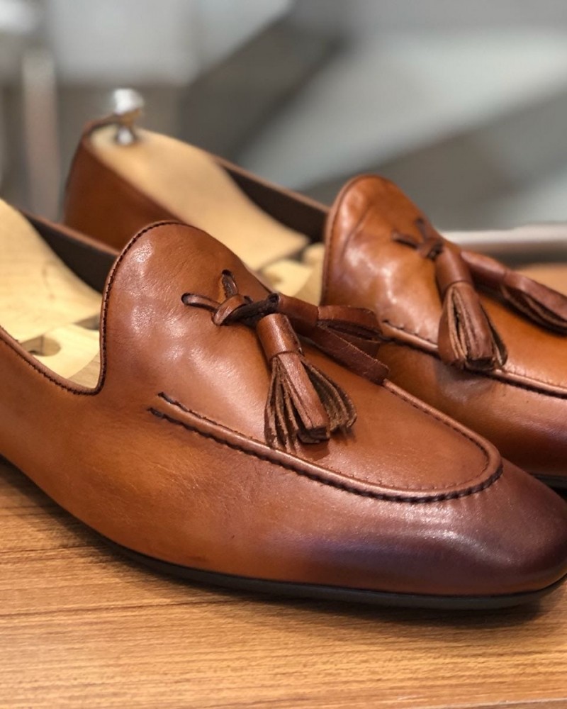 Camel Calf Leather Tassel Loafer by Gentwith.com with Free Shipping