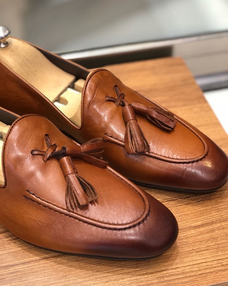 Camel Calf Leather Tassel Loafer by Gentwith.com with Free Shipping