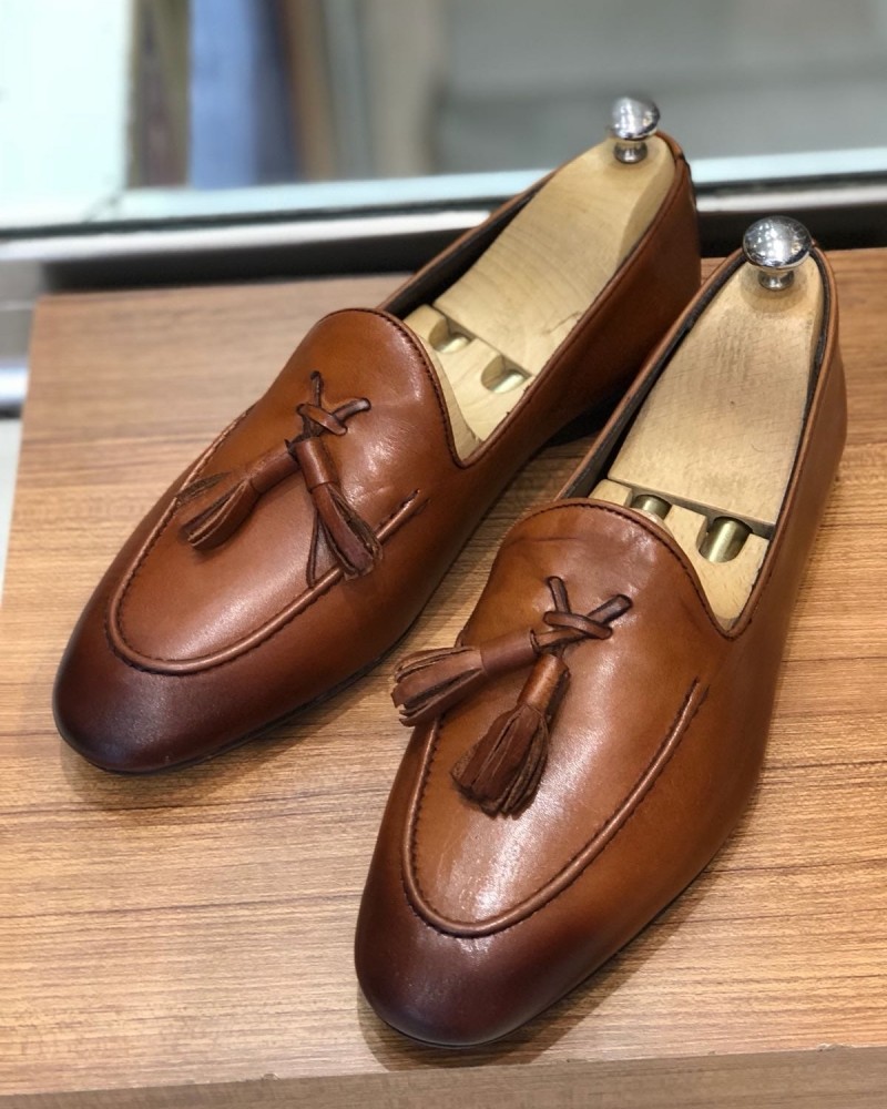 Camel Calf Leather Tassel Loafer by Gentwith.com with Free Shipping